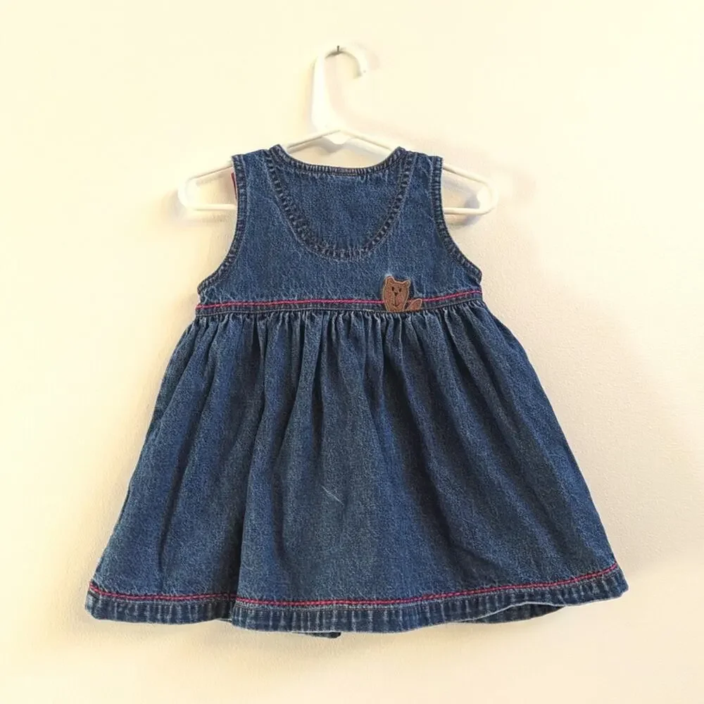 Vtg Baby Gap Dress Girls Sz 12-18m Denim Christmas Cabin Bear